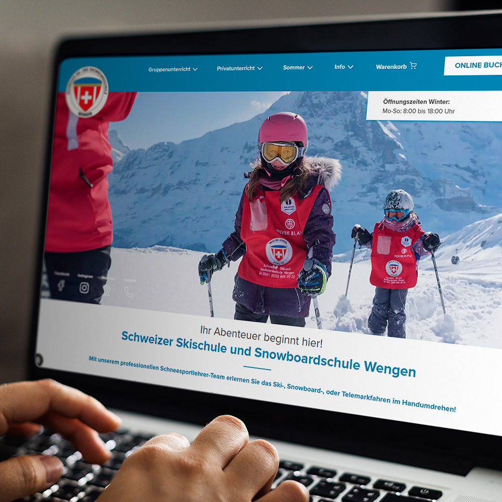 Laptop mockup of the website of the Swiss Ski School Wengen 