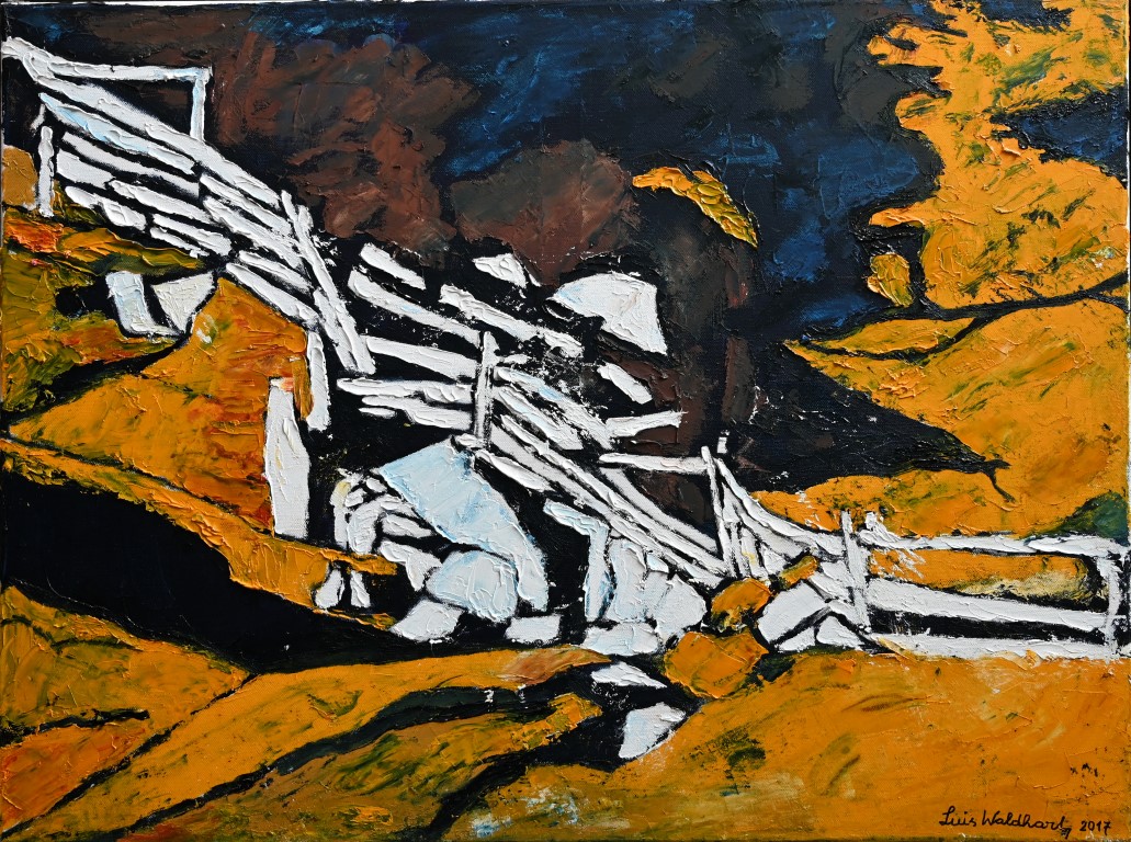  Artwork by Luis Waldhart showing a white fence in an abstract landscape