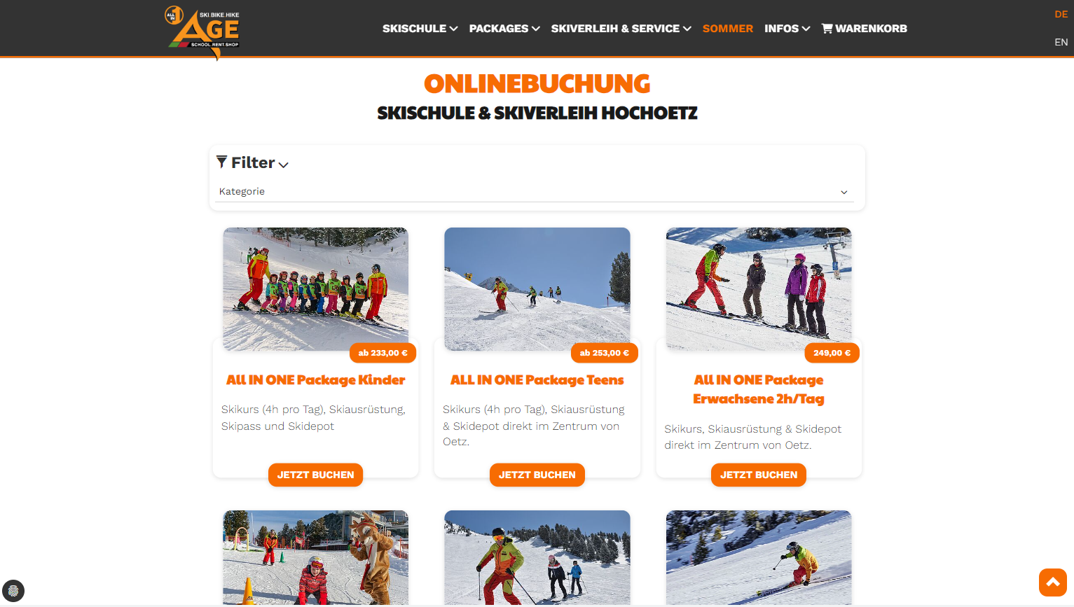 AGE Skischule & Skiverleih Screenshot Onlinebuchung