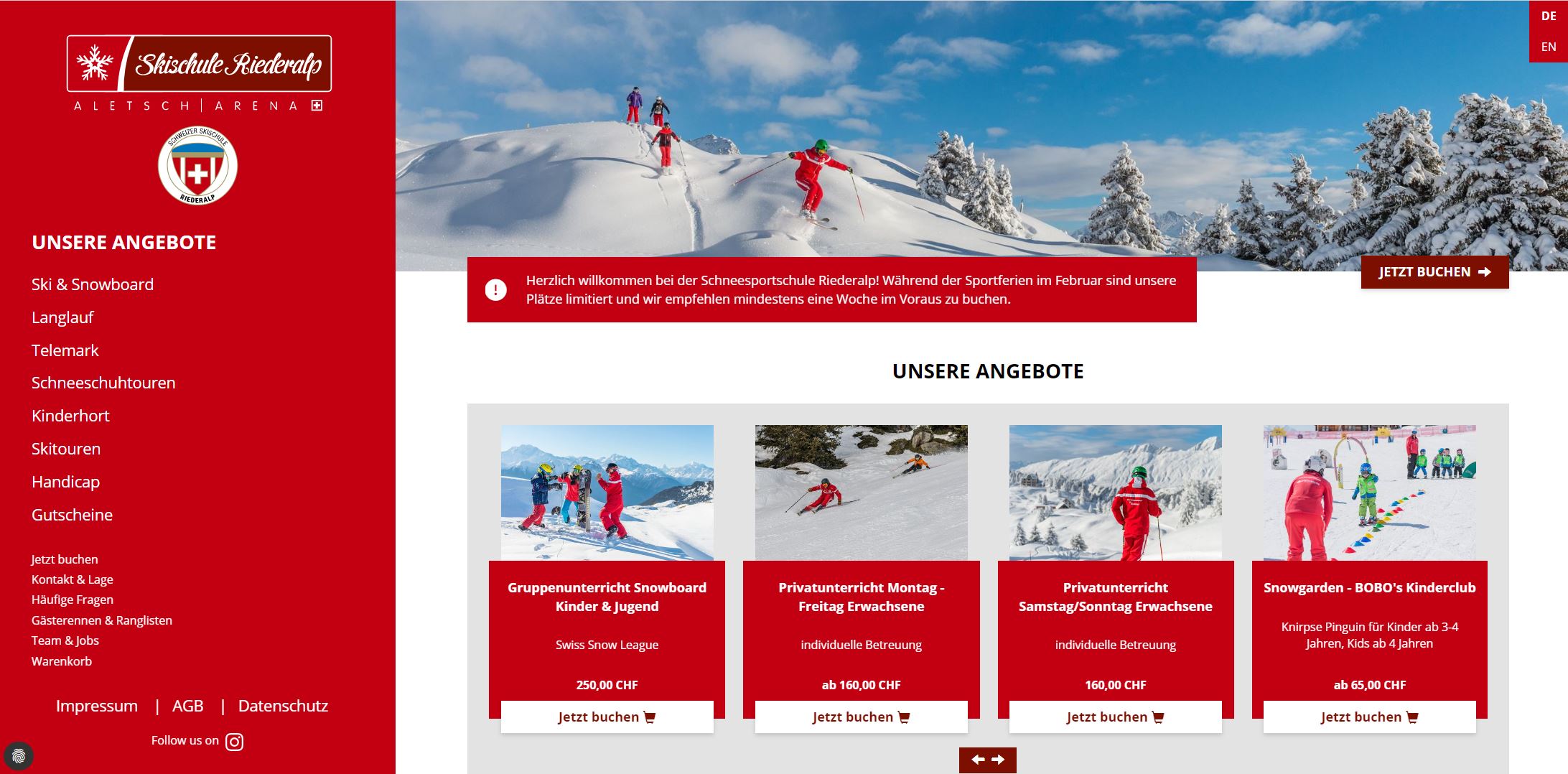 Screenshot Website Skischule Riederalp