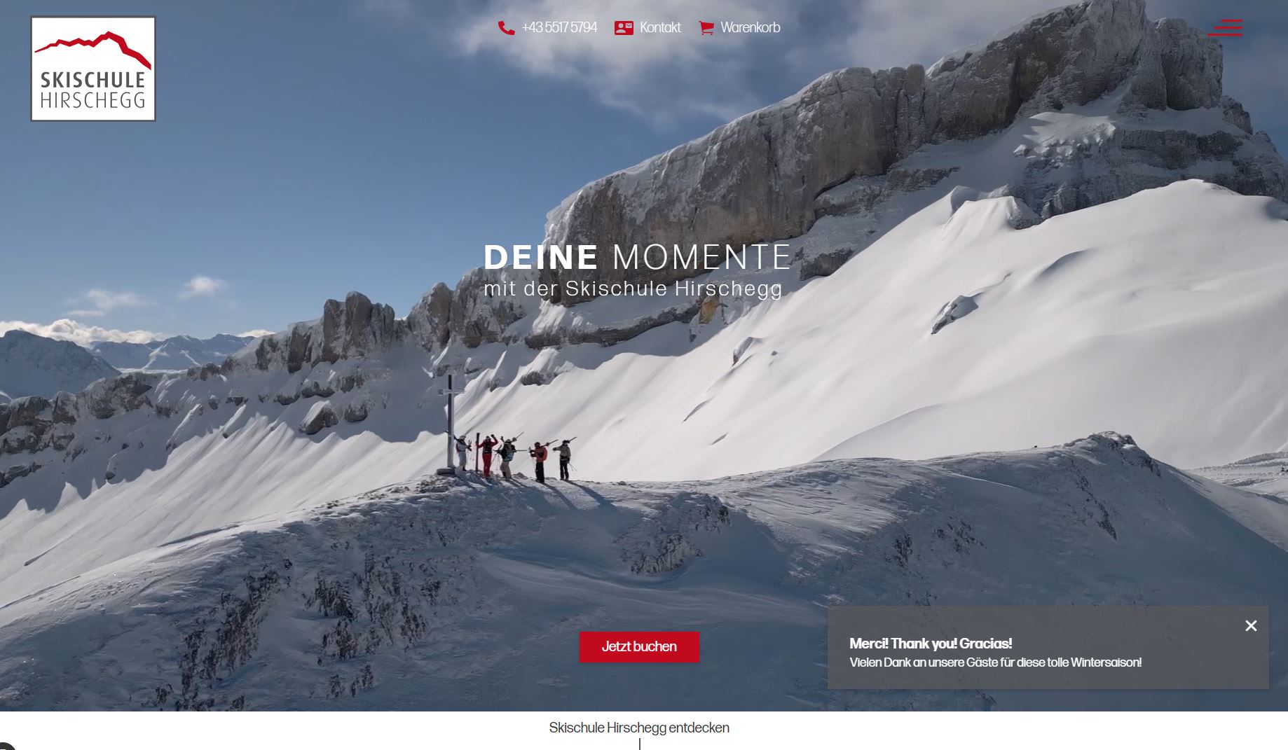 Screenshot of the new website of the Hirschegg Ski School
